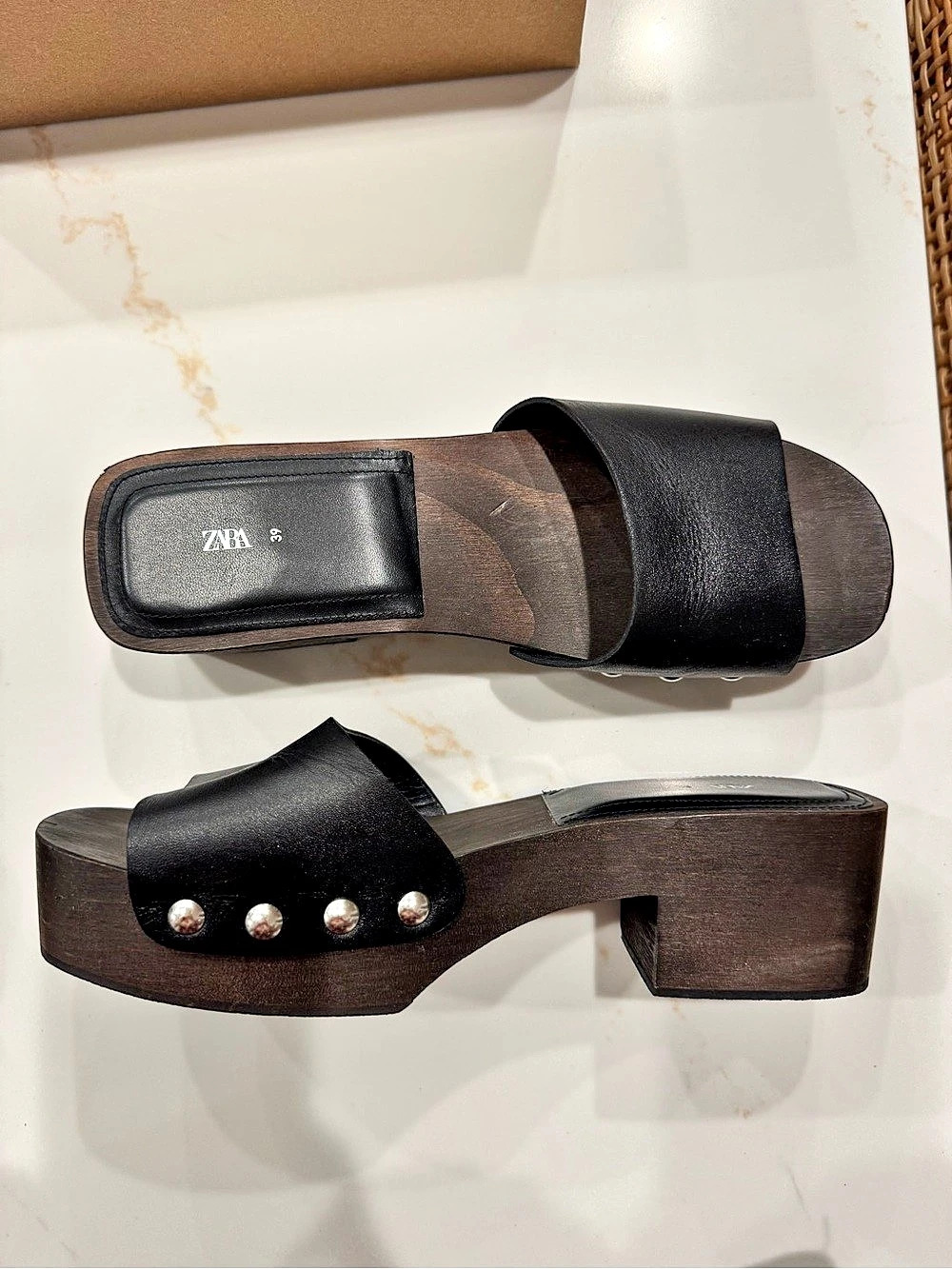 Zara Zueco Madera Studded Wooden Clog Sandals Black & Brown US 8